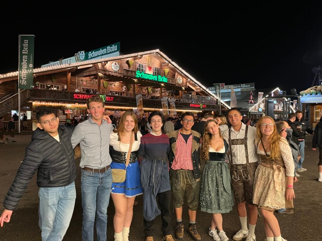 IMG_8898 Group of friends in Dirndls and lederhosen outside of a german beer hall